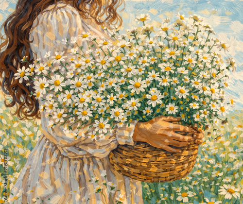 Girl with a basket of white daisies in a summer field, impressionist oil painting