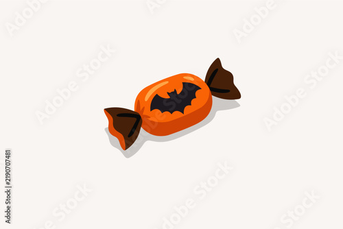 Orange Halloween Candy with Bat Icon Vector Illustration, Wrapped Sweet Isolated on Background