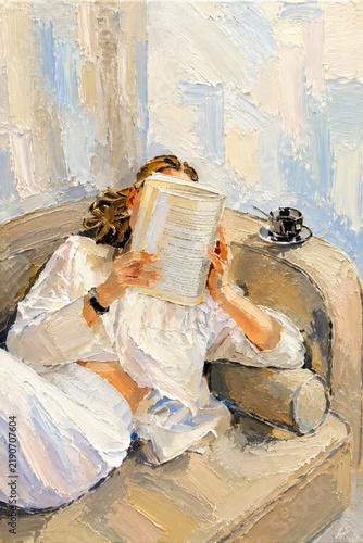 Woman reading a book on the sofa with a cup of coffee, cozy oil painting