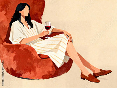 Elegant woman in white on a blue and white striped chair with a glass of wine, minimalist painting