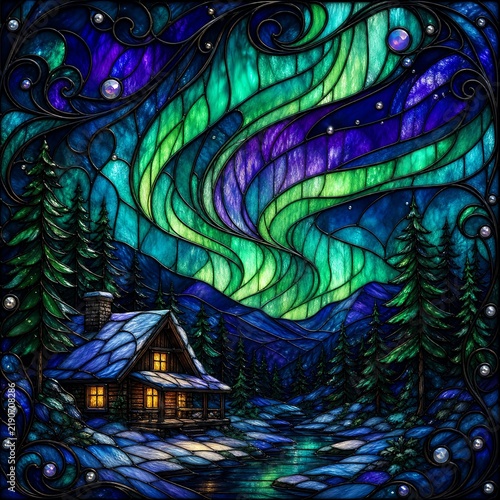 Stained Glass Snowy Cabin Glowing Beneath Northern Lights