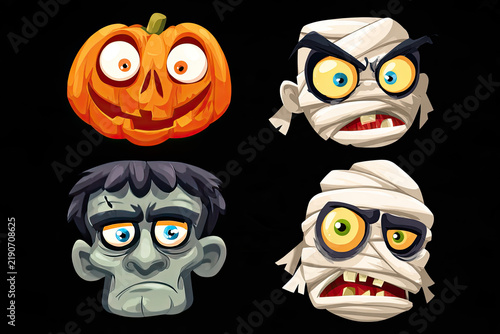 Halloween funny faces set of four characters. Cartoon heads of pumpkin Jack o lntern zombie vampire and mummy. 