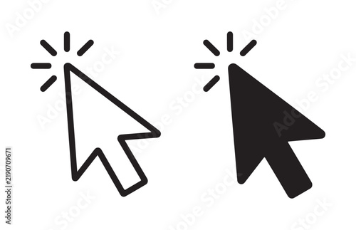 Cursor pointer arrow and clicking hand icons outline and filled on transparent.