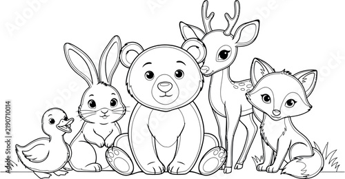 Bild auf Leinwand Cute Wild Animal Coloring Page With Bear Rabbit Deer Fox And Duck Friends