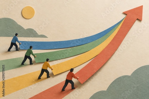 Paper cut figures joining colored paths into one upward route