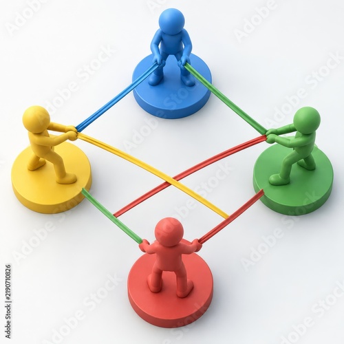 Four simplified figures forming an elastic band network