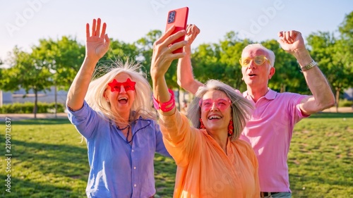 Group of happy senior friends smiling while taking a selfie outdoors in a park