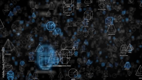 3D flight through dark space with white geometric shapes that briefly glow blue as they form, creating an abstract educational background animation for mathematics and science themes