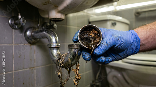 Hand holding clogged plumbing pipe with hair | Removing slimy drain clog from bathroom sink | Professional plumber cleaning out blocked P-trap | Gross hairball buildup in residential plumbing