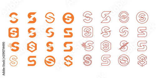 Set of letter S logo icons featuring modern monograms, geometric typography, circle badges, speed lines, and line art in orange isolated on white backdrop.
