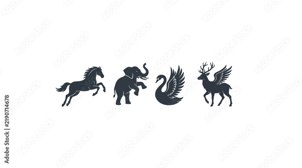 Fototapeta premium Elegant vector graphic silhouettes featuring various majestic wild animals isolated on a clean white background design