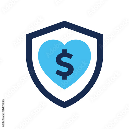 Shield icon with blue heart and dollar sign for financial insurance