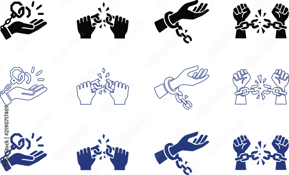 Fototapeta premium Set of icons featuring hands breaking chains and holding rings representing freedom liberation and commitment in various colors