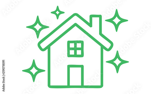 Green outline of a house with four sparkling star symbols home