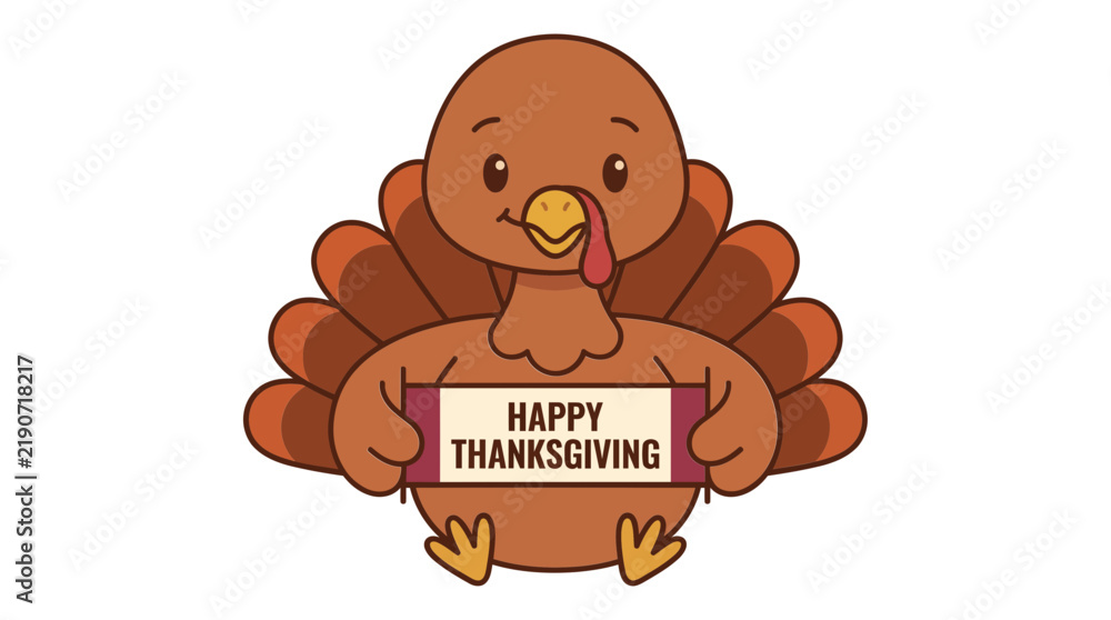 Obraz premium Cute cartoon turkey holding a sign with Happy Thanksgiving text on a white background