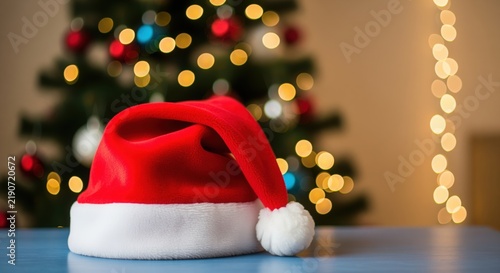 A red Santa hat with white fur trim on a blue surface against a blurred Christmas tree with colorful lights. Perfect for holiday cards, seasonal promotions, and festive designs.