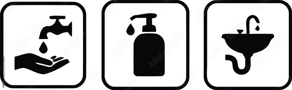 Fototapeta premium Three black silhouettes depicting hand washing soap dispenser and sink with drain against white backgrounds silhouette