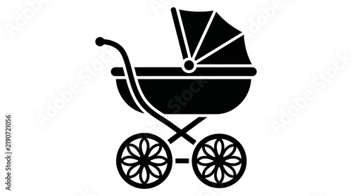 A minimalist black vector icon of a classic vintage baby carriage or pram.