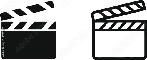 Two black and white clapperboard silhouettes depicting film production and cinema with a transparent background silhouette