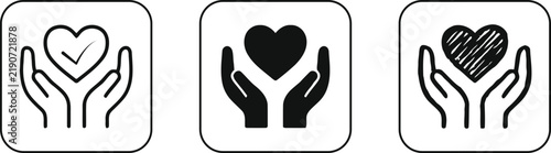 Three variations of hands cradling a heart shape in black silhouettes against a white background silhouette