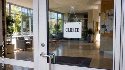 Closed sign hanging on the glass entrance of an empty building, representing shutdown, closure, unavailable services and temporary or permanent business interruption