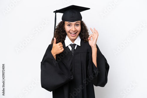 Bild auf Leinwand Young university graduate Arab woman isolated on white background showing ok sig