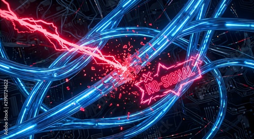 Obraz na płótnie Blue glowing network cables with red error marker and no signal text