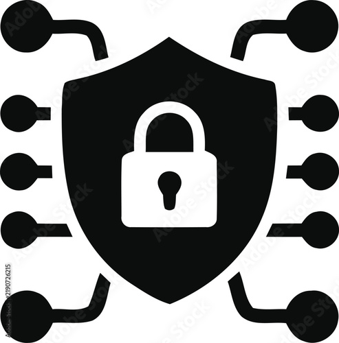Digital security concept with a shield and padlock surrounded by connection points
