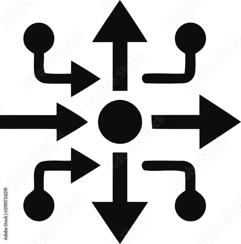 Central connection point with multiple directional arrows representing options and network pathways