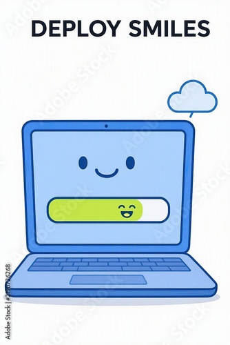 Clean digital illustration of a cute blue laptop character with a smiling face and loading bar, featuring the text Deploy Smiles isolated on white.