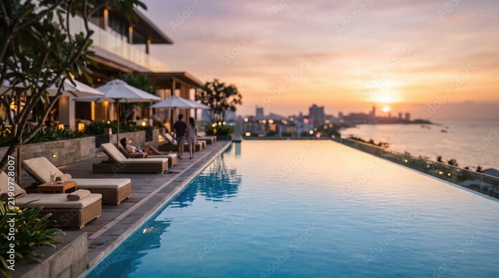 Fototapeta premium Luxury resort guests relaxing by infinity pool during golden hour sunset