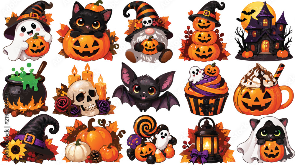 Obraz premium Cute Halloween Characters Pumpkin and Witch Clipart Set