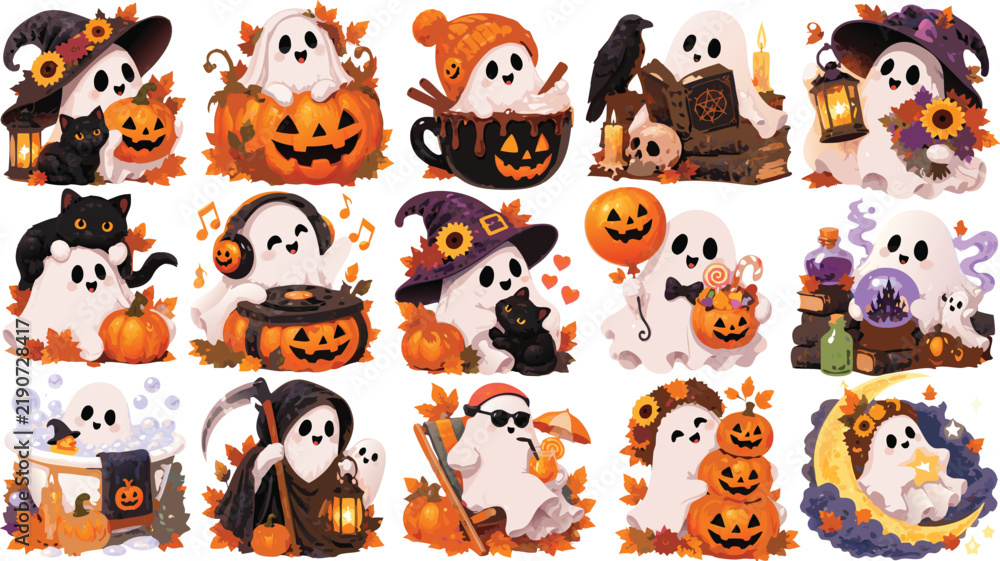 Obraz premium Playful Halloween Ghost and Pumpkin Character Clipart Set