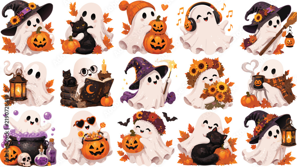 Fototapeta premium Cute Ghost Halloween Character and Pumpkin Clipart Collection