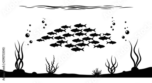 Canvastavla School of fish silhouette against a white background with aquatic plants