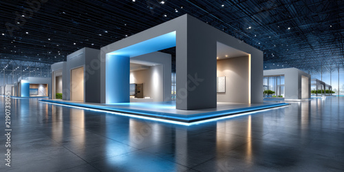 Modern architectural interior showcasing a striking v-shaped structure, illuminated pathways, and minimalist design creating an inviting, open, and contemporary atmosphere