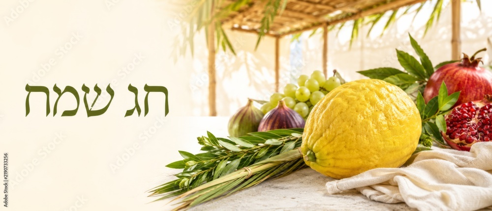 Fototapeta premium Sukkot holiday still life with etrog, lulav branches, grapes, figs, pomegranate and Hebrew greeting Chag Sameach, arranged on table inside bright sukkah with copy space for seasonal messaging