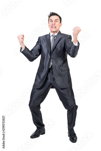 Full body of angry male in classy suit shouting and making face on transparent background