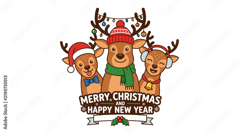 Fototapeta premium Cute cartoon reindeer family celebrating Christmas and New Year