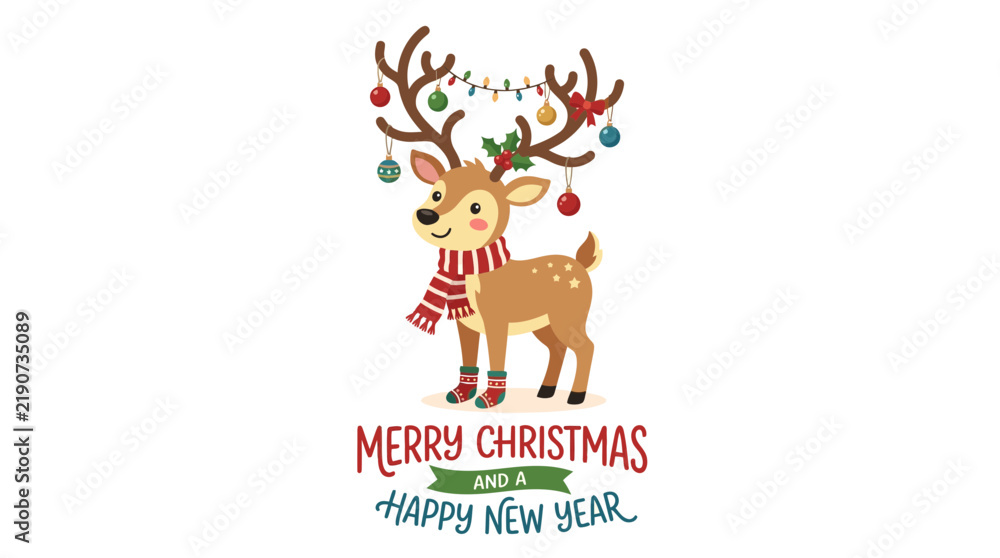 Fototapeta premium Cute Cartoon Reindeer with Christmas Decorations