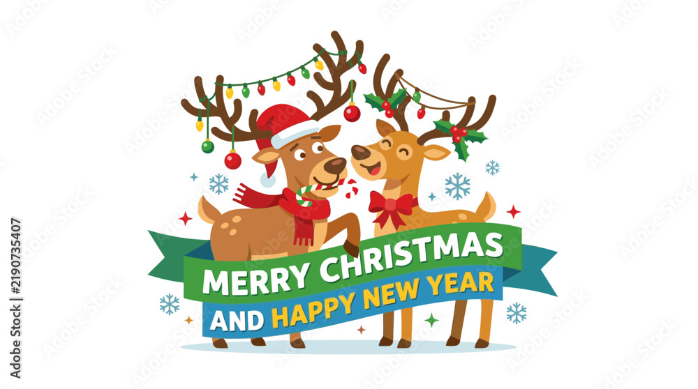 Fototapeta premium Cute reindeer couple with Christmas lights and festive banner