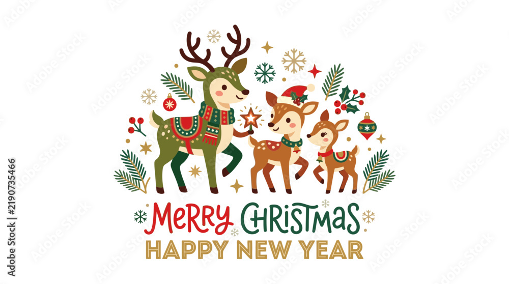Fototapeta premium Cute Reindeer Family with Christmas Greetings
