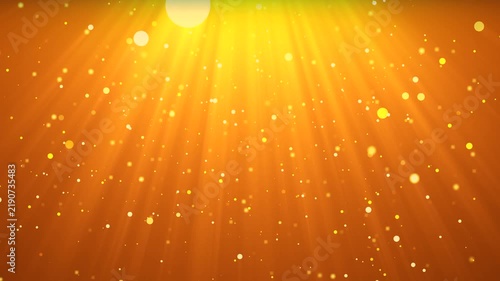 Bright sunlight penetrates the warm orange space, filling the animation with a golden glow. Numerous glowing particles and soft highlights create an atmosphere of warmth, energy, and celebration. 4K a