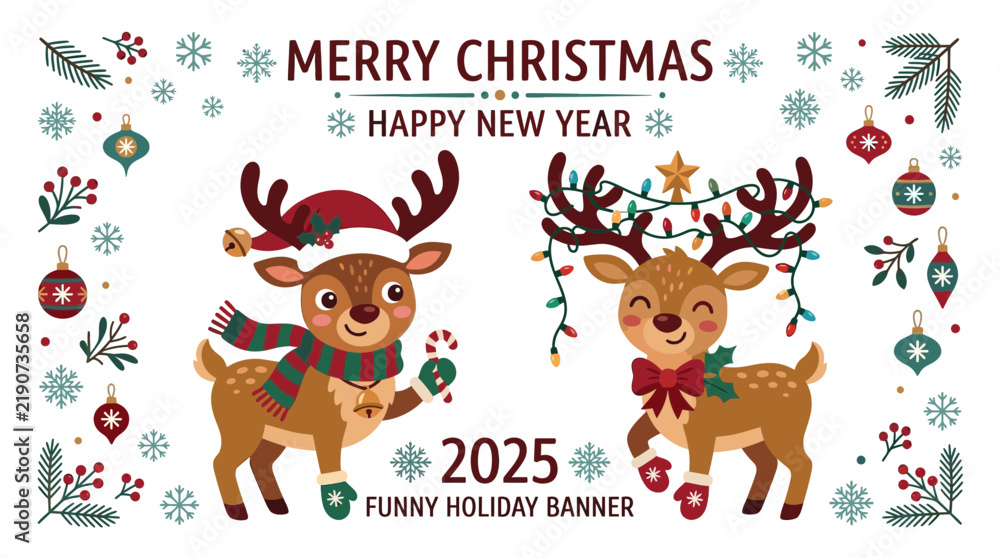 Fototapeta premium Cute cartoon reindeer with Christmas lights and candy cane