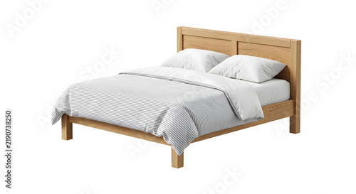 Фотография Light oak wood bed frame with white striped bedding and pillows in modern bedroom interior