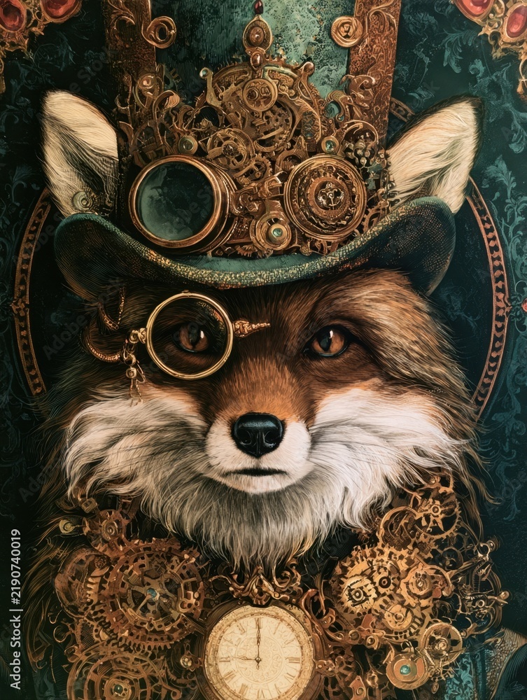 Fototapeta premium steampunk fox character wearing ornate top hat monocle and complex brass clockwork gears vintage portrait artwork detailed Victorian animal illustration fantasy background art piece
