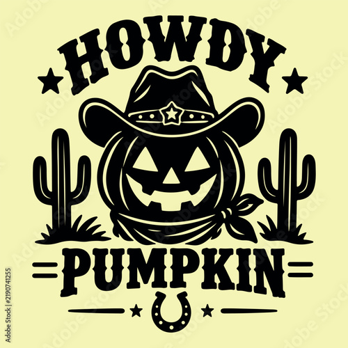 Halloween Cowboy Pumpkin Vintage Western T-Shirt Design with Cactus and Hat