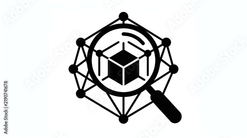 Data analysis cube magnifying glass network icon