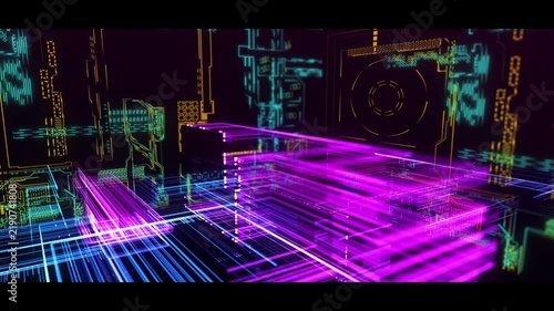 Abstract techno background. 3D animation of intersecting multicolored grids. Information technology concept. Digital cyberspace with particles. 3D rendering. 4K animation.