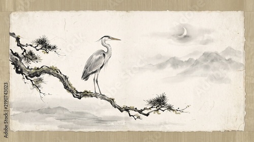 Heron bird perched on a pine tree branch. Traditional ink wash painting with mountains and moon